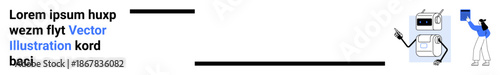 Artificial intelligence, robotics, data sharing, human-machine interface, technology innovation, future workplace. A robot pointing at text while a person holds a document. AI communication