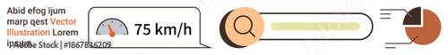Data analysis, speed measurement, search function, user interface design, business reports, performance tracking. Speedometer showing 75 kmh, search bar and pie chart. Data analysis and speed