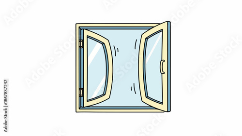 Illustration of a light blue window with cream-colored frames, opened inwards, against a plain white background with a simple graphic style.