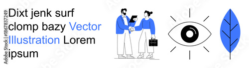 Business communication, teamwork, ecology, sustainability, visual perception, design trends. Two individuals shaking hands, symbolic eye icon and a minimalist leaf. Business communication