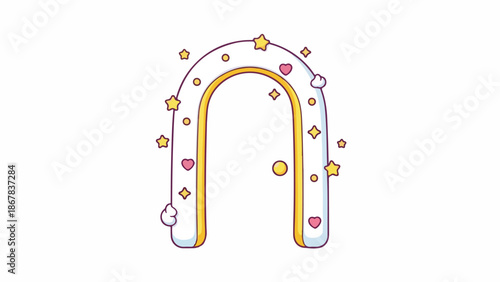Illustration of a colorful, stylized rainbow arch with hearts, stars, and other decorative elements on a white background.