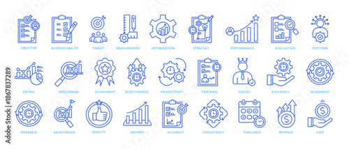 KEY PERFORMANCE INDICATOR icon collection set. Containing KPI, objective, accountability ,target, measurement, optimization, strategy, performance icon. simple line vector. outline blue variation.