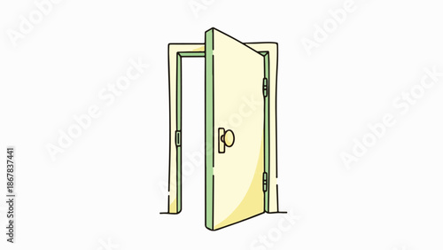 Illustration of a green-framed doorway with a partially open cream-colored door and brass handle against a clean white background.