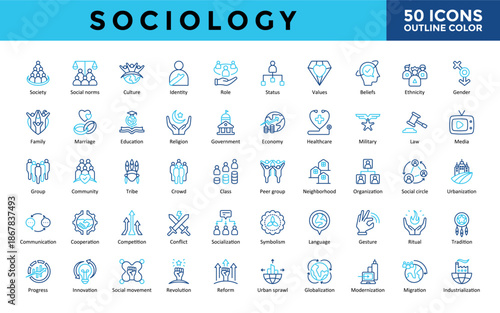 Sociology icons set with society, social norms, culture, identity, religion, economy, community, and social circle icon. Simple outline color blue vector 
