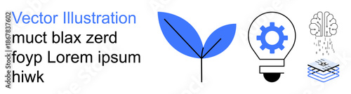 Sustainability, innovation, brainstorming, eco-ideas, digital creativity, technological layers. A nature leaf, gear inside a lightbulb and a brain with layers. Sustainability and innovation concept
