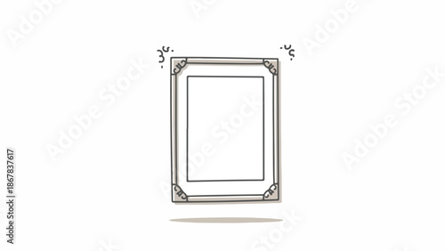 A simple line drawing of a rectangular frame with ornate corners on a white background.