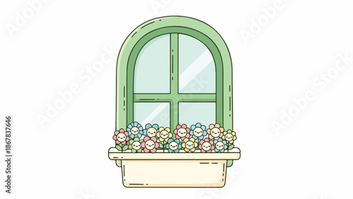 Illustration of a green arched window with a flower box filled with colorful flowers against a white background.