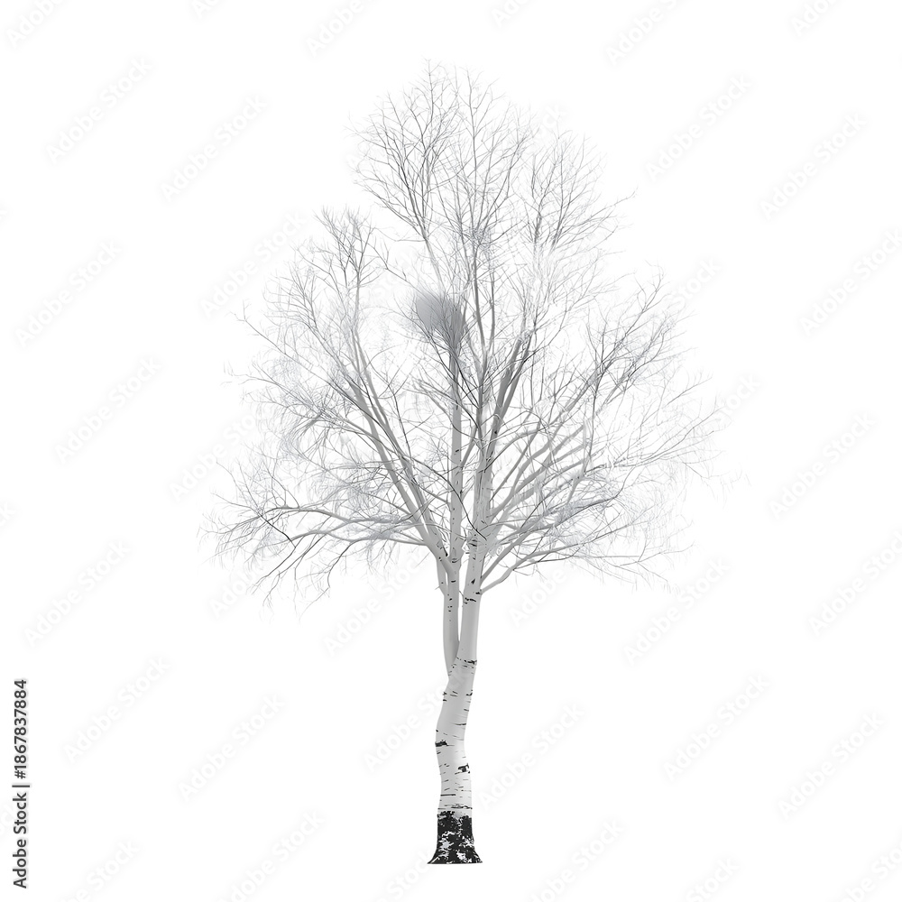 Fototapeta premium Bare birch tree isolated on transparent background in black and white Generative AI