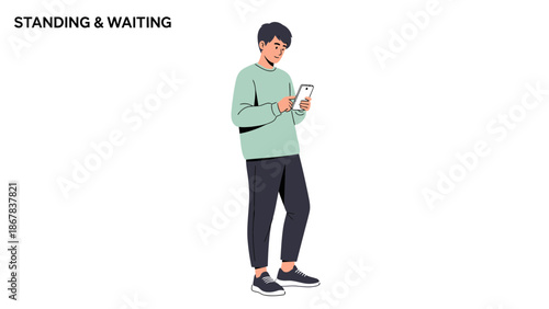 Man Standing and Using Smartphone, Waiting and Browsing Technology