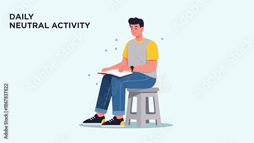 Man Sitting on Stool Reading Book, Daily Neutral Activity Illustration