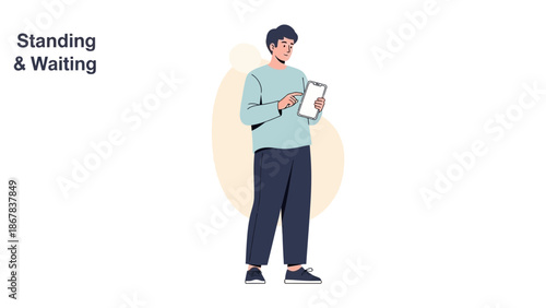 Man Standing Holding Tablet Device, Waiting Patiently, Modern Flat Illustration