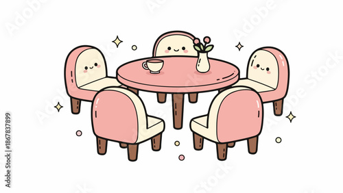 Flat illustration of a pink table with four matching chairs and a vase of flowers on a white background with a playful mood.