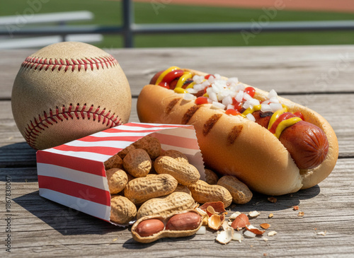 Opening Day Treats: Baseball, Hot Dog, and Peanuts in Stadium Stands