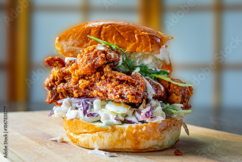 A crispy spicy fried chicken sandwich with  coleslaw on the bun
