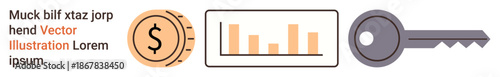 Finance, analytics, security, data management, savings, business. Dollar coin, bar graph and key icons in a flat style. Finance and analytics concepts for savings and security
