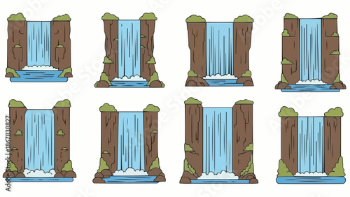 Collection of cartoon waterfalls with rocky cliffs and splashing water.