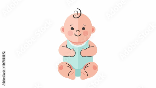 Cute baby boy sitting and smiling with curly hair.