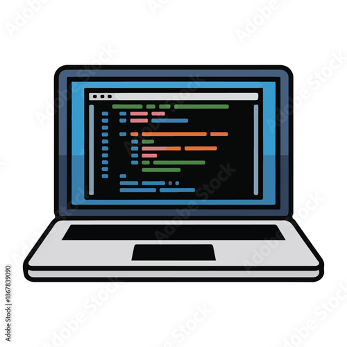 Laptop displaying colorful code on a black screen, digital illustration