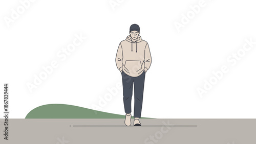 Man Walking Outdoors with Hands in Pockets, Casual Outfit, Simple Illustration