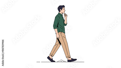 Man Walking Thoughtful Pose, Considering Ideas, Casual Green Shirt and Khaki Pants