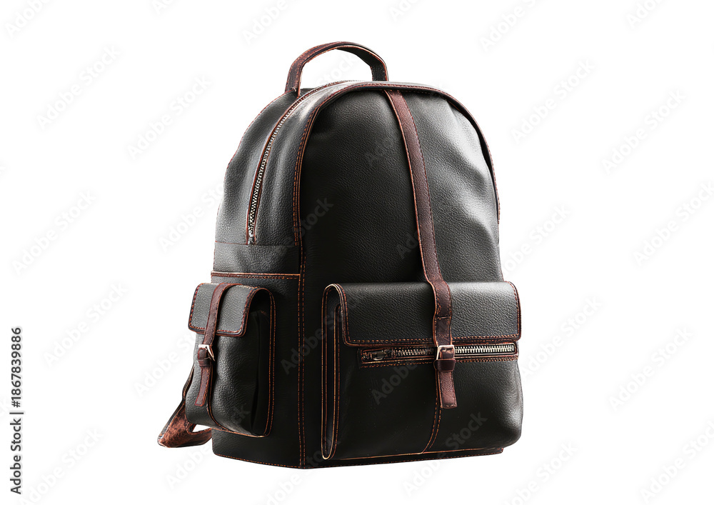 Naklejka premium Black leather backpack with red stitching on dark background, side view