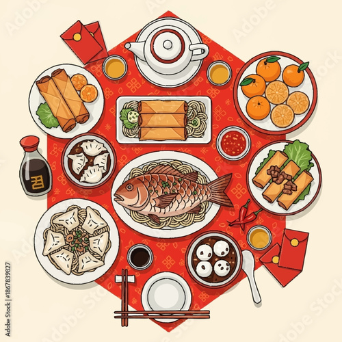 A vibrant top-down illustration of a traditional Chinese New Year feast with various dishes like fish, spring rolls, dumplings, oranges, and tea, set on a red patterned tablecloth.