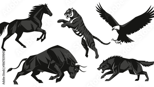 Black Horse Tiger Bull Eagle Boar Silhouettes.
