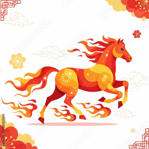Vibrant illustration of a majestic fire horse galloping, adorned with traditional Chinese floral and cloud patterns.