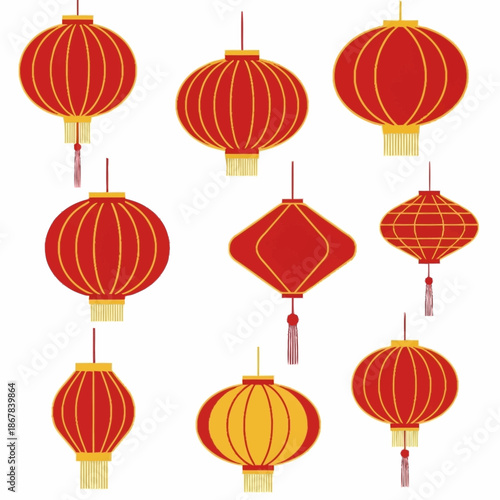 A collection of traditional red and yellow Chinese lanterns in various shapes and sizes, featuring decorative tassels and striped patterns, set against a white background.