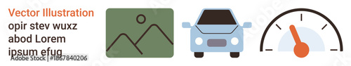 Transportation, fuel efficiency, car diagnostics, digital assets, data storage, automation. A car, gauge and image icon aligned together. Transportation and fuel efficiency concept