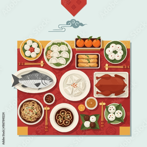 A vibrant overhead view of a traditional Chinese New Year feast with various auspicious dishes arranged on a red table.