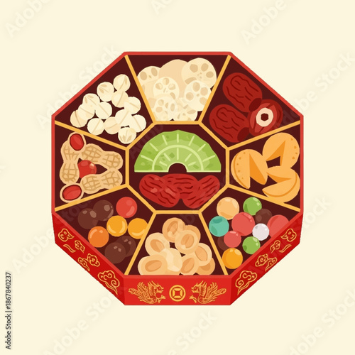 An octagonal red box of traditional Chinese New Year snacks, including peanuts, dates, candies, and other dried fruits and nuts, arranged neatly.