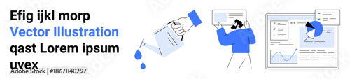 Business analytics, digital marketing, financial strategies, office management, team collaboration, data-driven decision-making. Hands pouring water, individual analyzing reports. Business analytics