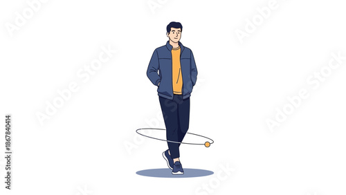 Man Walking with Orbiting Object, Casual Style, Modern Illustration