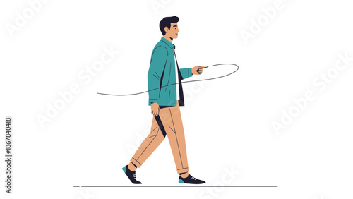 Man walking with leash, illustration, vector art, isolated on white background