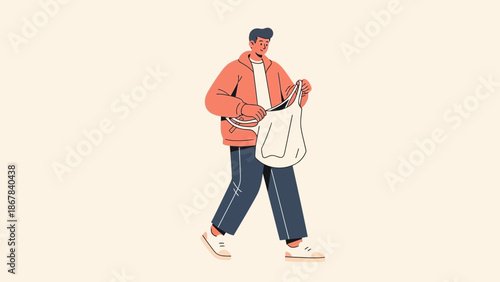 Man Walking with Shopping Bag, Casual Style, Flat Illustration