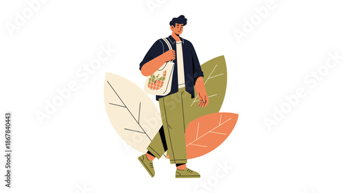 Man Walking with Reusable Shopping Bag and Leaves - Sustainable Lifestyle Concept