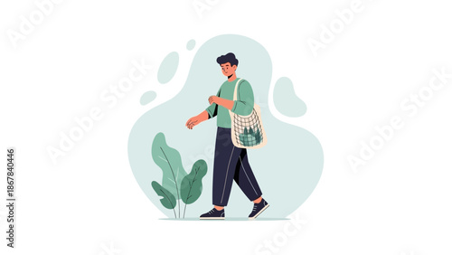 Man walking with reusable grocery bag, eco-friendly lifestyle and sustainable shopping concept