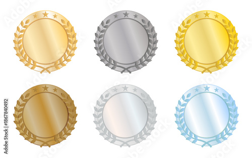 ゴールド・シルバー・ブロンズを中心に構成した、立体感のある円形メダル装飾アイコンセット