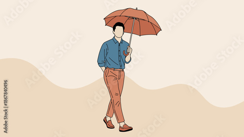 Man walking with umbrella, flat design, minimalist illustration, autumn season concept