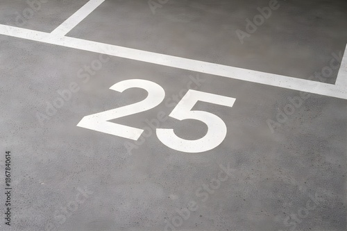 Number 25 painted prominently on a clean concrete parking space, symbolizing organization, designated allocation, and efficiency within an urban infrastructure