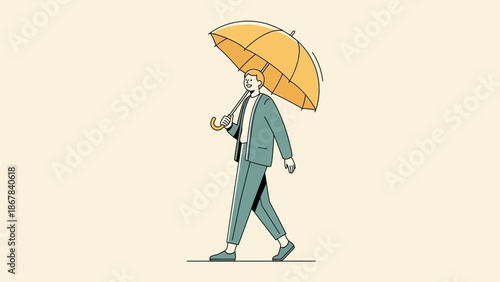 Man Walking with Yellow Umbrella, Minimalist Style, Business Casual Outfit, Light Background