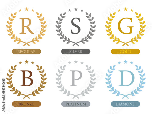R・S・G・B・P・Dの頭文字で区分した、会員ランクを示す月桂冠付きメンバーシップエンブレム