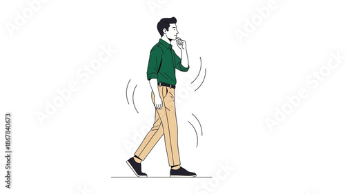 Man walking, deep in thought, hand on chin, vector illustration