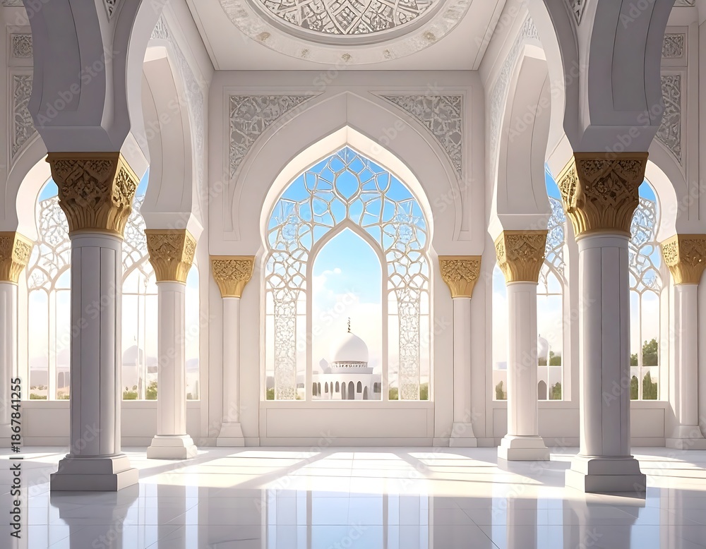 Fototapeta premium A luminous, palatial interior with arched doorways, ornate carvings, and sunlight flooding through windows showcasing a distant white structure