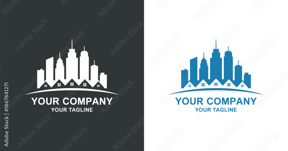 Fototapeta premium A striking logo design showcases a modern city skyline silhouette contrasted in black and white with company branding