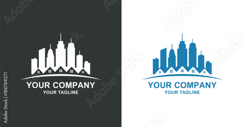 A striking logo design showcases a modern city skyline silhouette contrasted in black and white with company branding