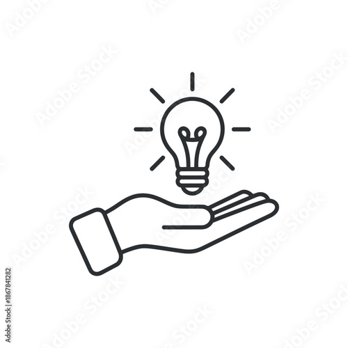 A delicate line drawing depicts a hand gently holding a glowing light bulb symbolizing innovation and care