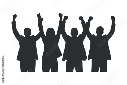 a silhouette illustration depicts a group of five people with arms raised in a celebratory gesture showcasing unity