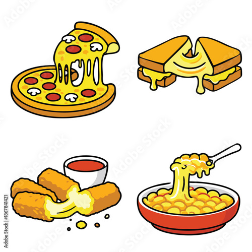 Cheesy pizza slice with pepperoni, grilled cheese sandwich, mozzarella sticks with sauce, and creamy macaroni and cheese in cartoon style